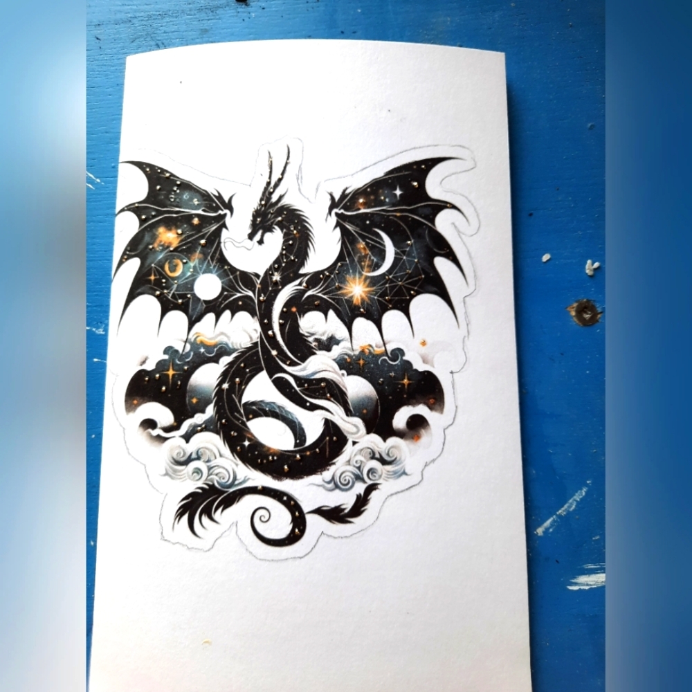Mystical Black Dragon Greeting Card With Gold Touch - Hand Drawing And Ink